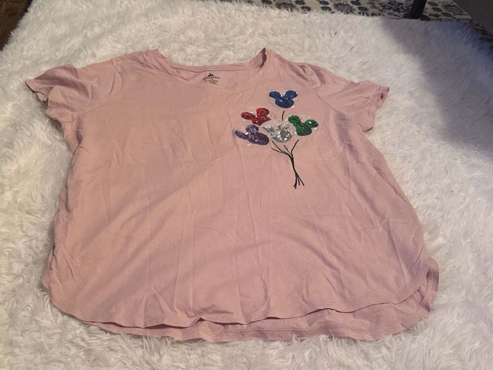 Disney‎ Parks Sequin Mickey Mouse Balloon V-Neck T-Shirt Pink Women's 1X